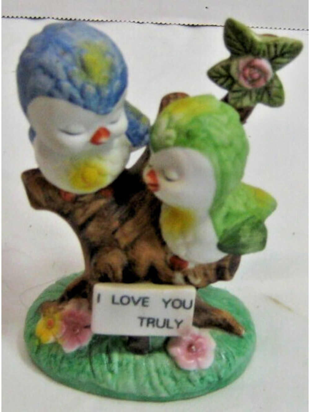 Love Birds Figurine I LOVE YOU TRULY Blue Green Yellow on Branch Marked N - VTG